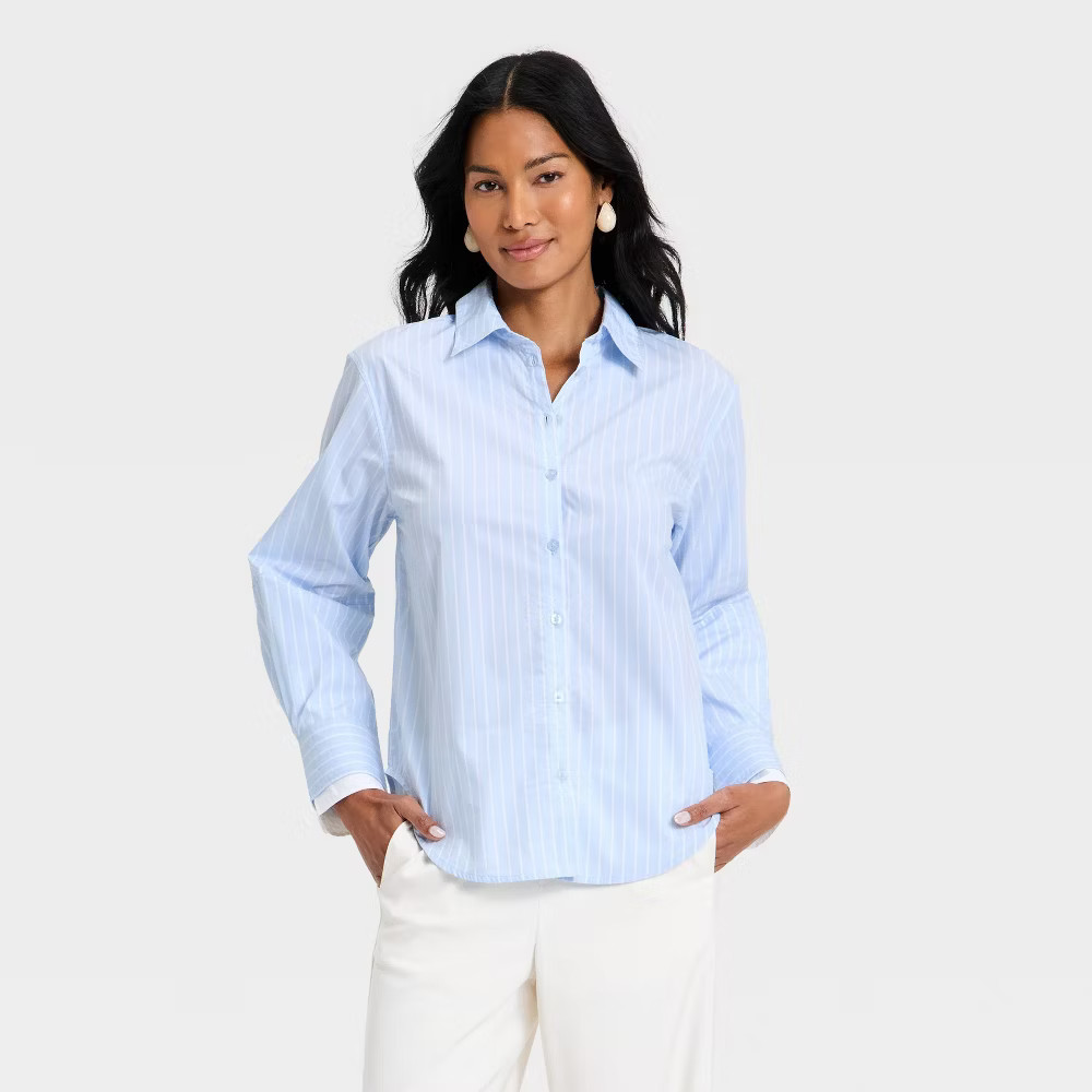 Women Long Sleeve Button-Up Double Cuff Shirt – A New Day Blue