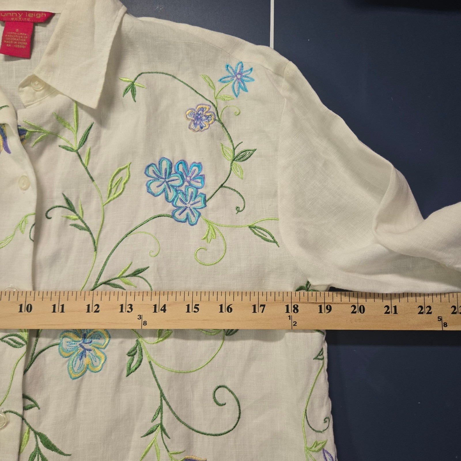 Cottagecore Floral Embroidered Linen Button Up Shirt White Roll Tab Top PS