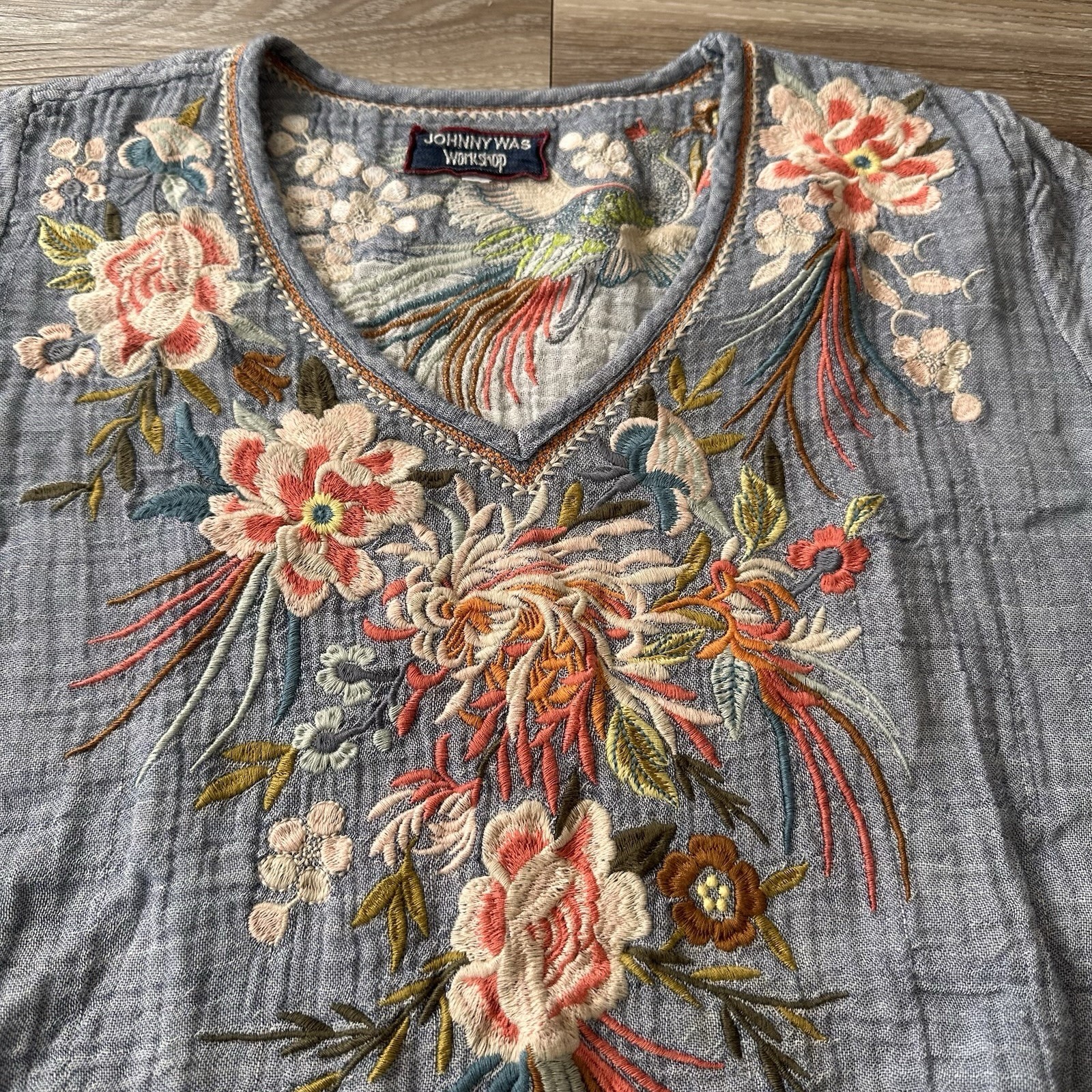 Johnny Was Workshop Embroidered Blouse Tunic Top Bohemian Mandala Crepe Blue M