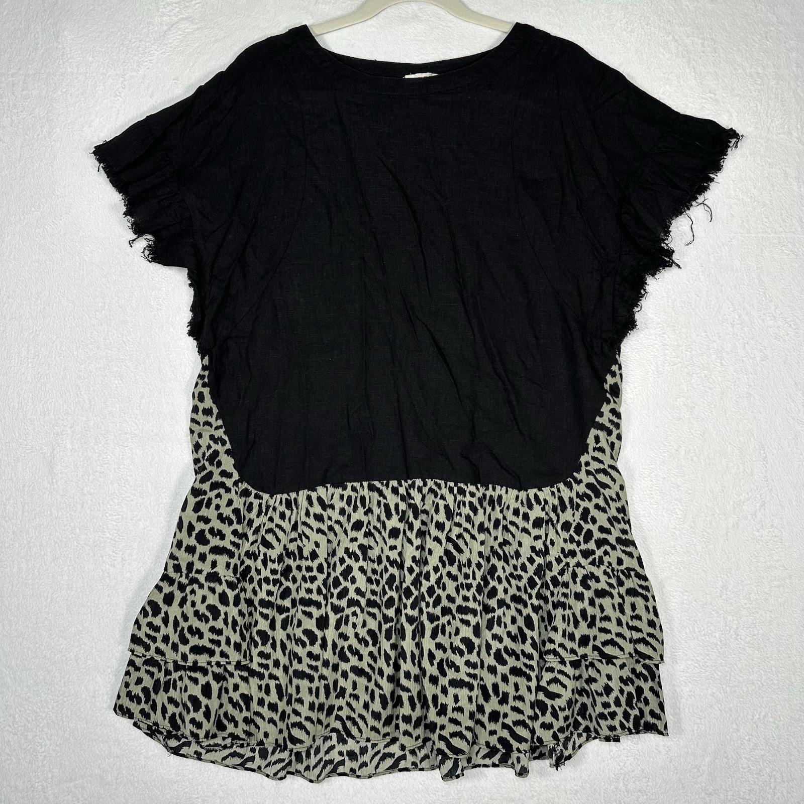 Umgee Black Leopard Print Tunic Top S Linen Mix Cottagecore Raw Edge Tiered Boho