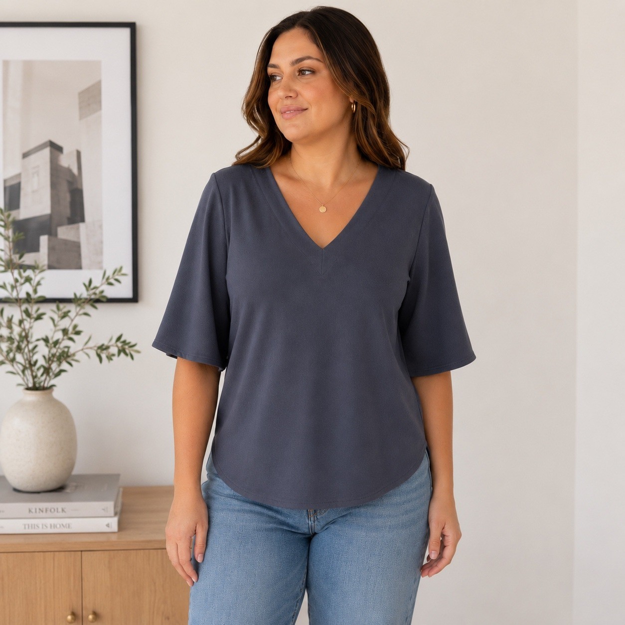 Ann Taylor Factory Charcoal Bell Sleeve V-Neck Blouse Top Medium Flutter Sleeve