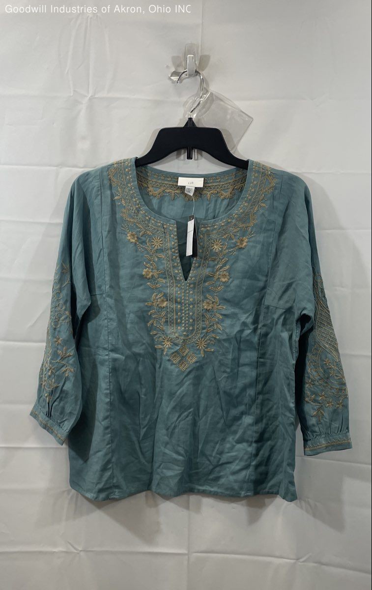 J.Jill Women’s Teal Embroidered Cotton Split Neck Blouse Top Sz XSP NWT
