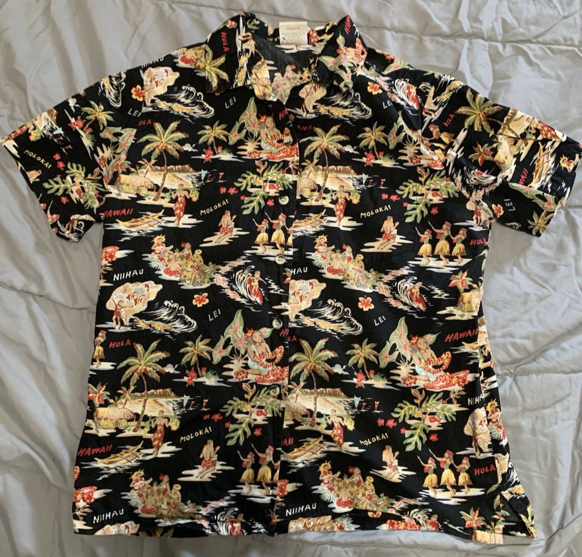 Go Barefoot Women’s Hawaiian Shirt Medium Black Hula Traditional 100% Cotton