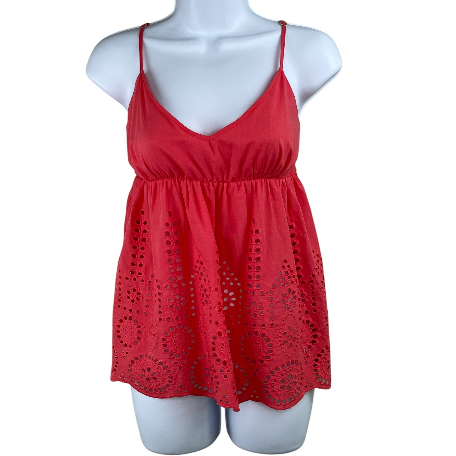 Lovestitch Coral Pink Eyelet Esme V-Neck Smock Cami Babydoll Top Small NWT