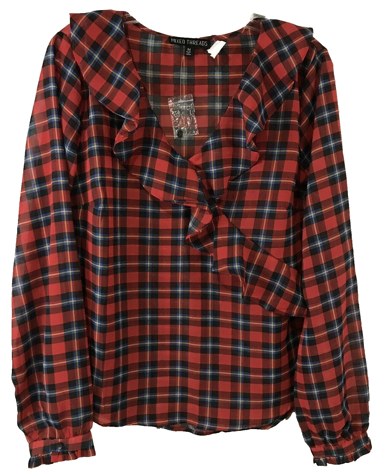 Mixed Threads Blouse NEW Silky Semi-Sheer Red Multi Plaid Long Sleeves Size M