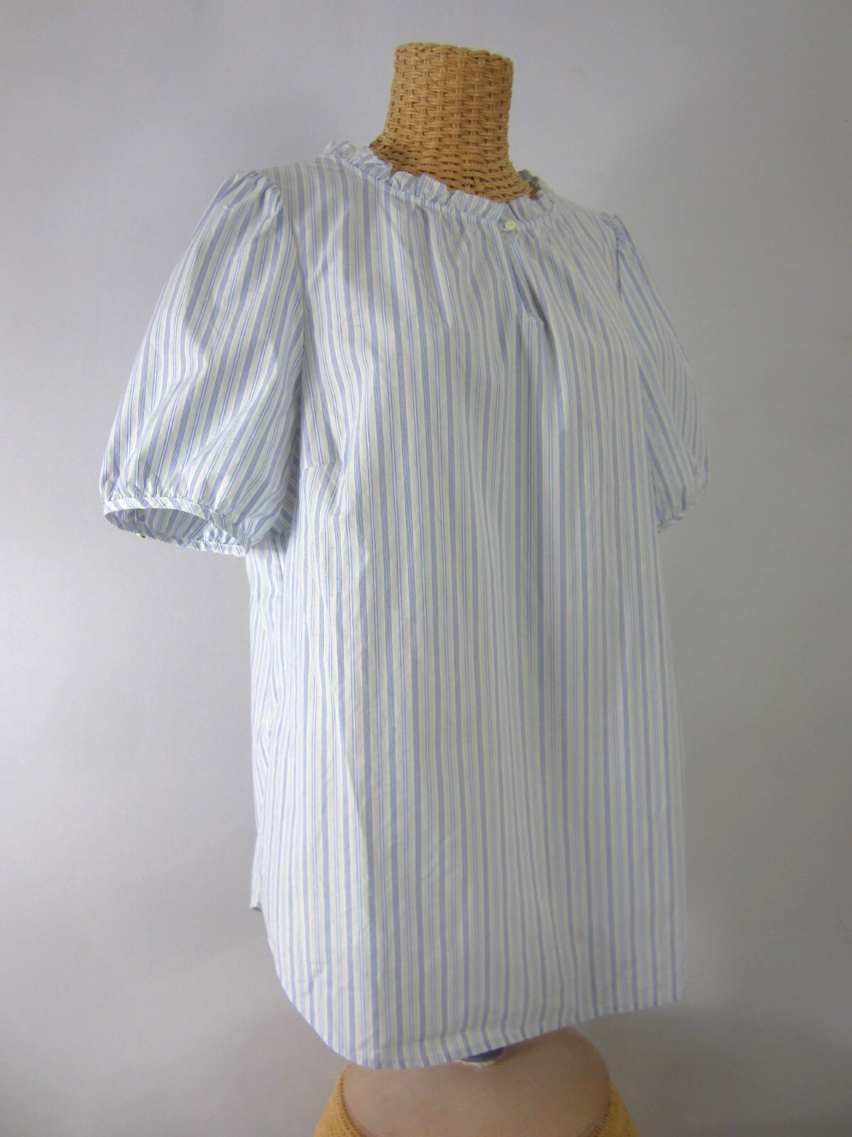 Talbots Womens L Blue White Yellow Striped Ruffle SS Blouse Peasant Shirt Cotton
