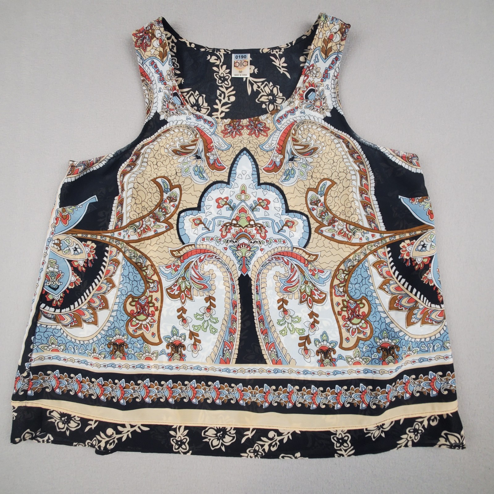 Bila Blouse Women’s Size M Boho Cross Back Sleeveless Paisley Black Blue Tan Top