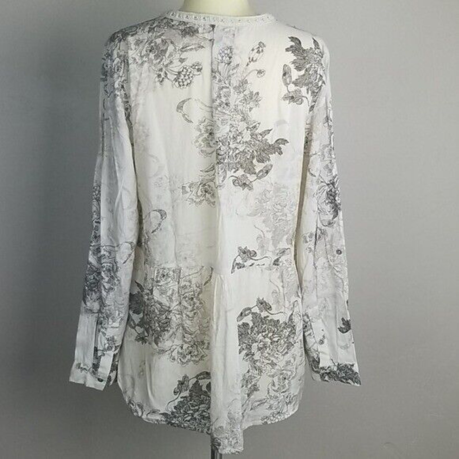 Vintage America Tunic Blouse Womens M Gray Floral Blouse Long Sleeves Top V-Neck