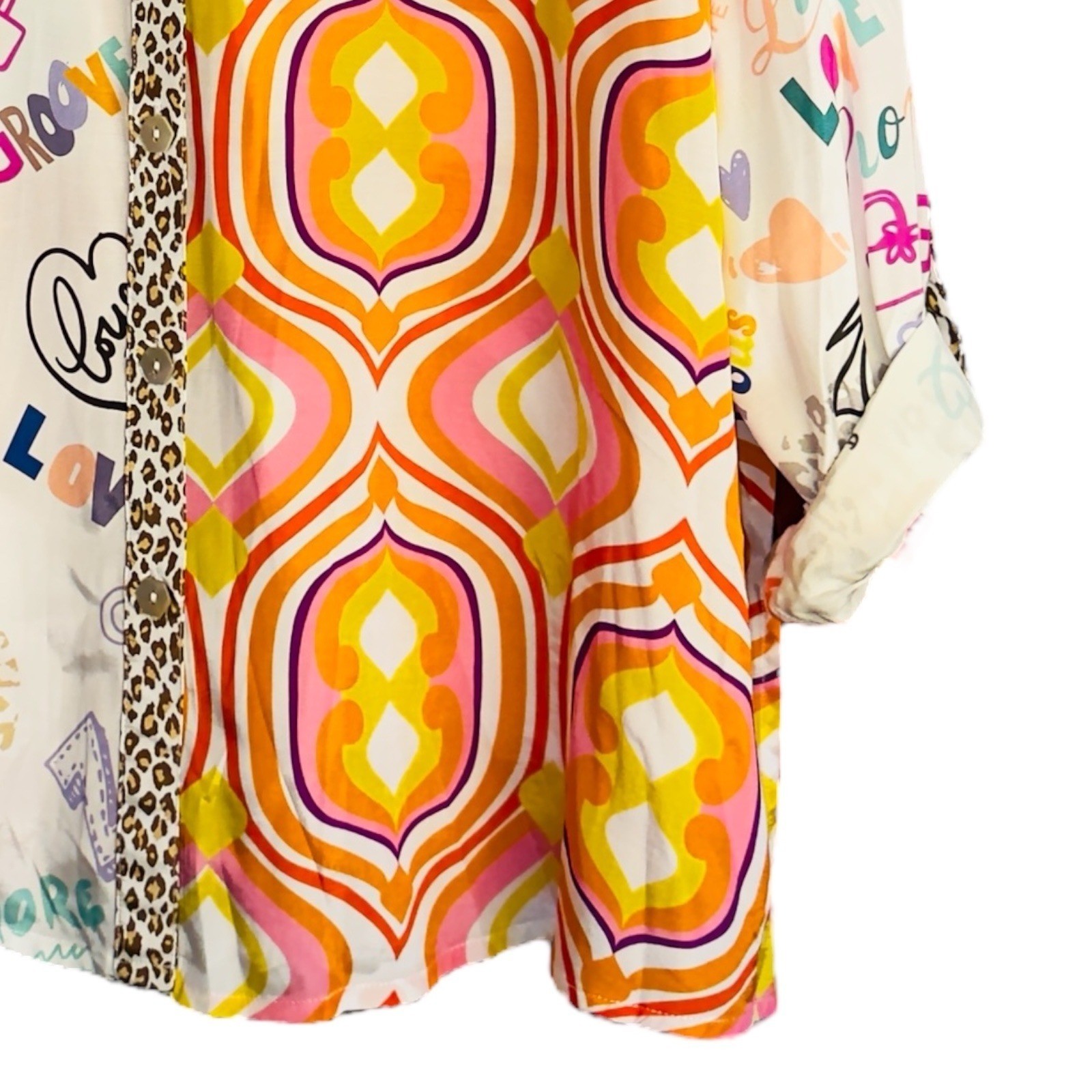 John Mark Womens 3X Glamorous Novelty Mixed Print Button Front Top Shirt Blouse
