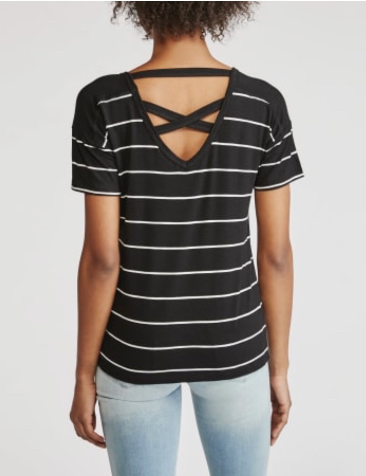 Design History Women S/S Cross Back Top Onyx/ Pearl Stripe Med NWT