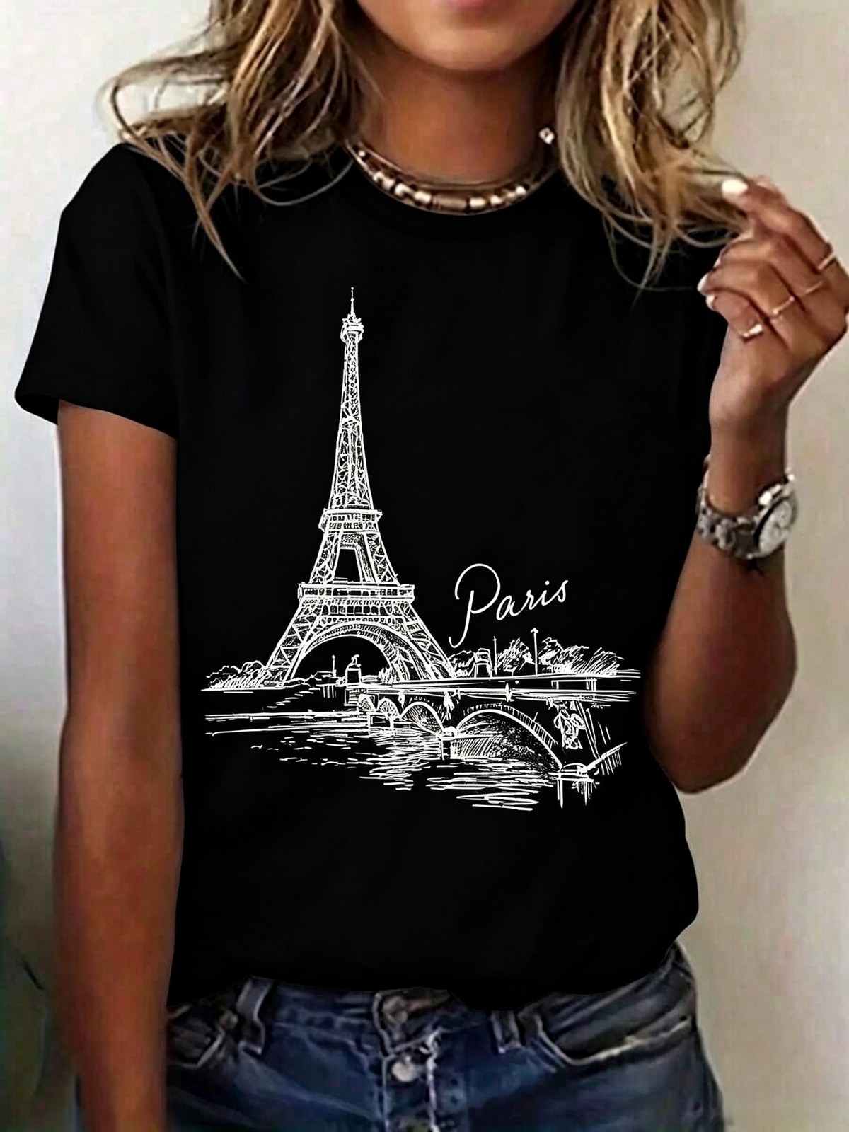 2026Women’s Paris Eiffel Tower Pattern Printed T-Shirt, Soft Breathable Fabric
