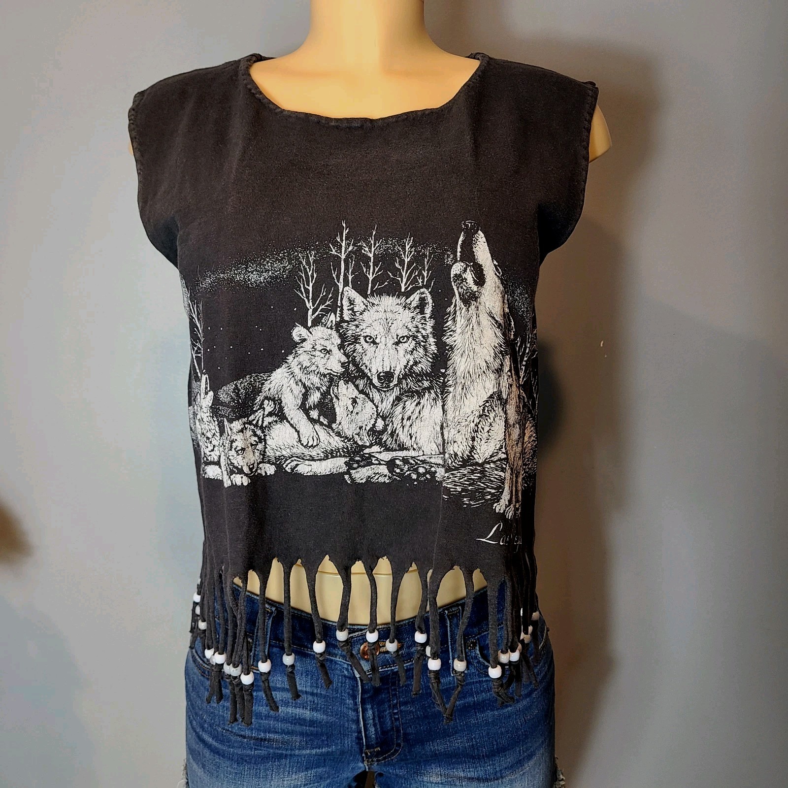 Vtg 90s Wolf Native Screen Print Beaded Hand Made Women Small Aztec Tee Festival