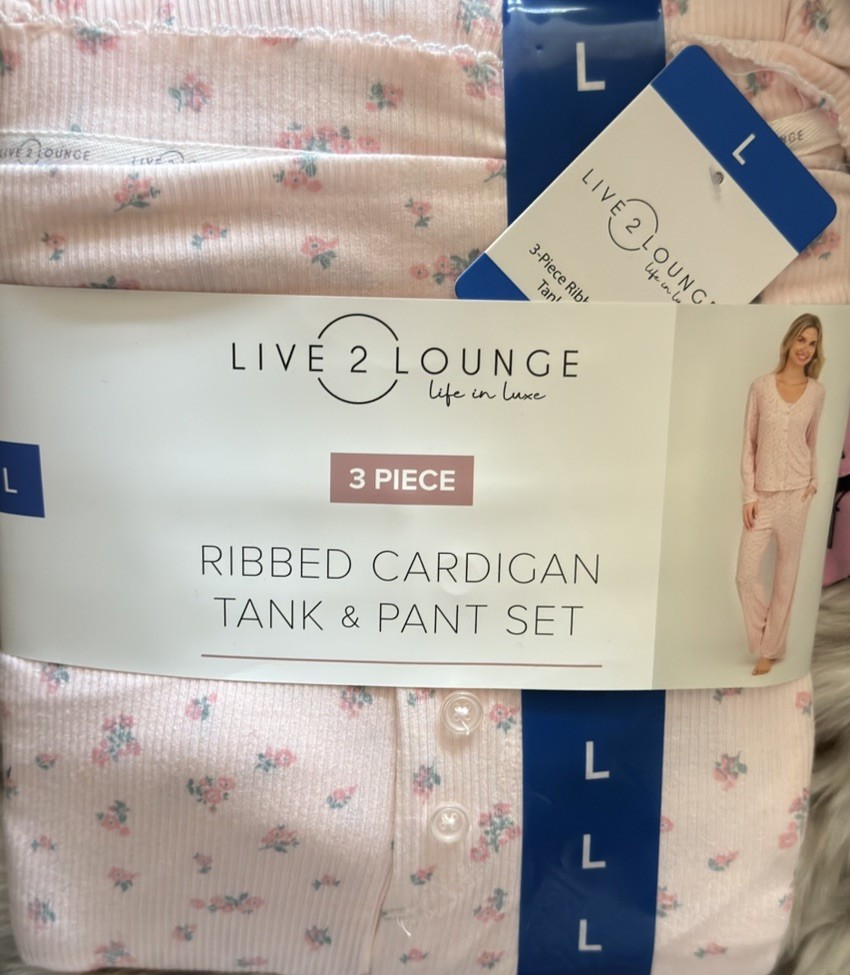 Live2Lounge Women’s 3 Piece Picot Ribbed Pajama Lounge Set, Pink, Large