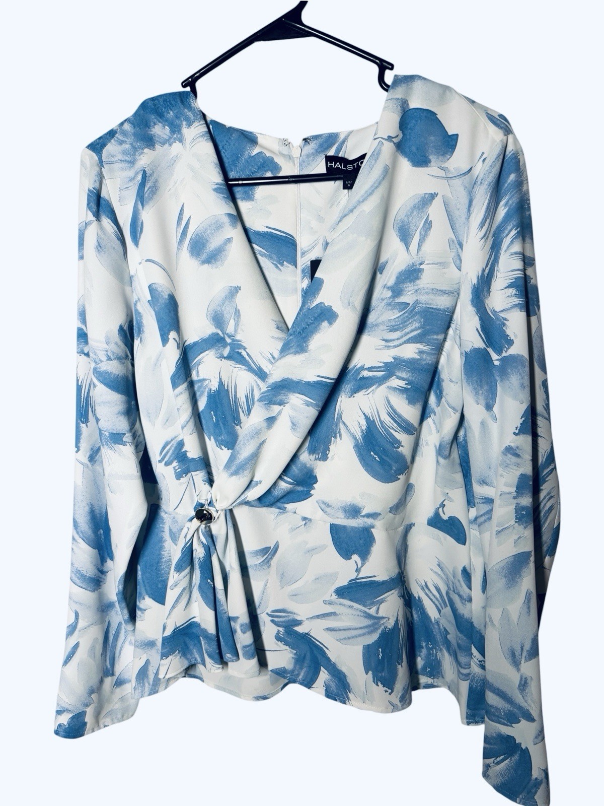 {NWT} Women’s HALSTON Faux Wrap Blouse Blue White L fits M Polyester $89 Retail
