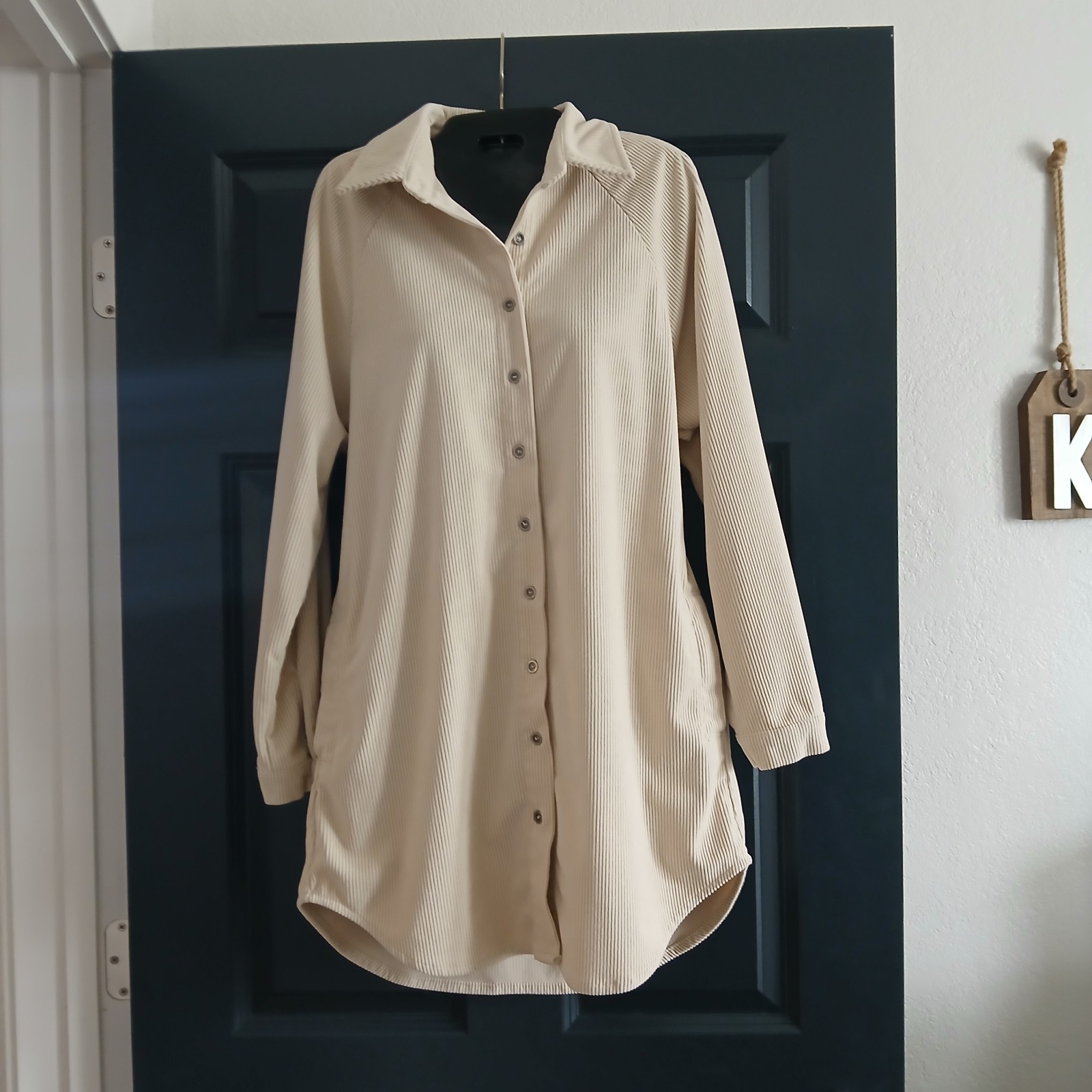 Womens Medium Long Sleeve Button Down Beige Shirt Dress