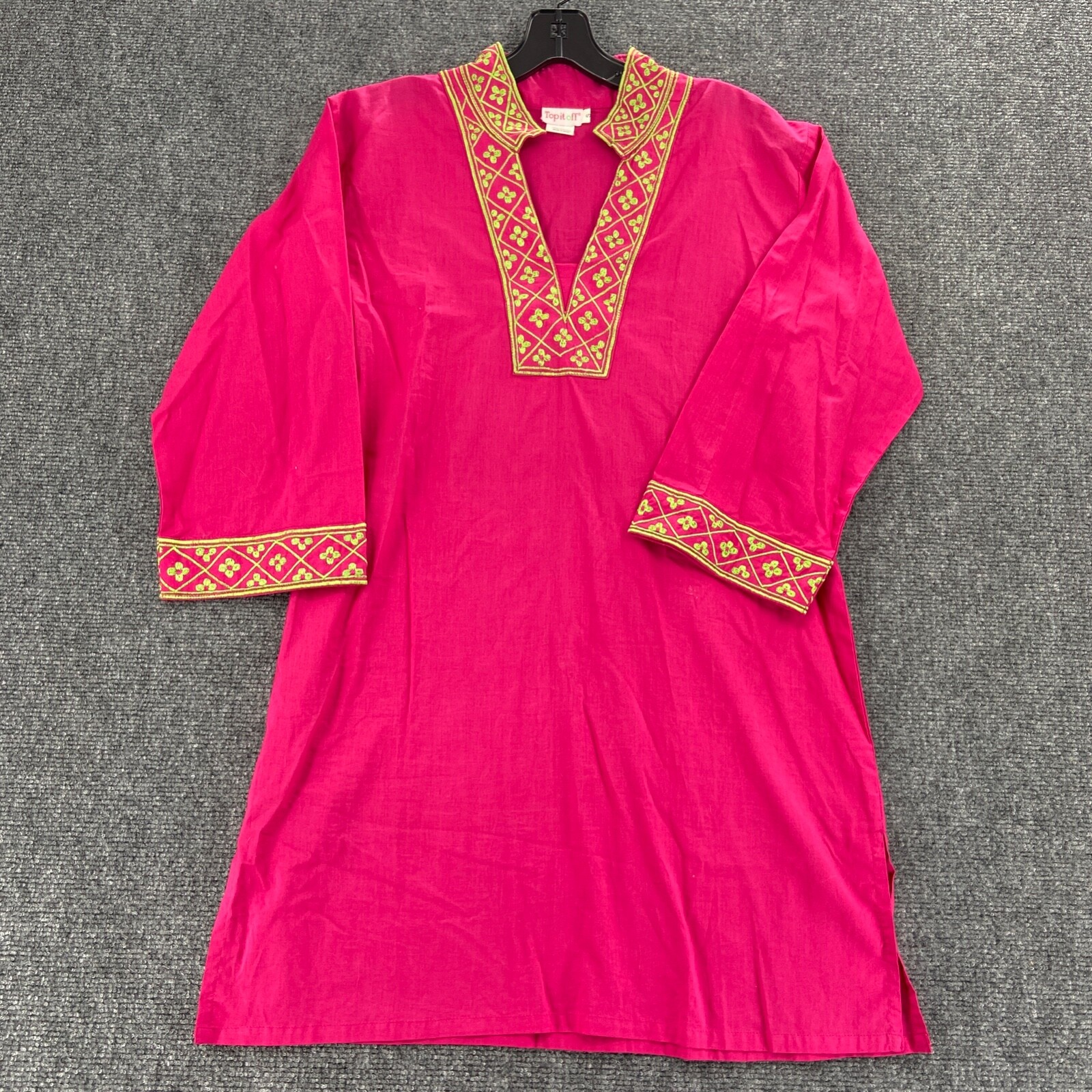 Top it Off Tunic Womens Small Pink Green Three Quarter Sleeve V Neck Cotton