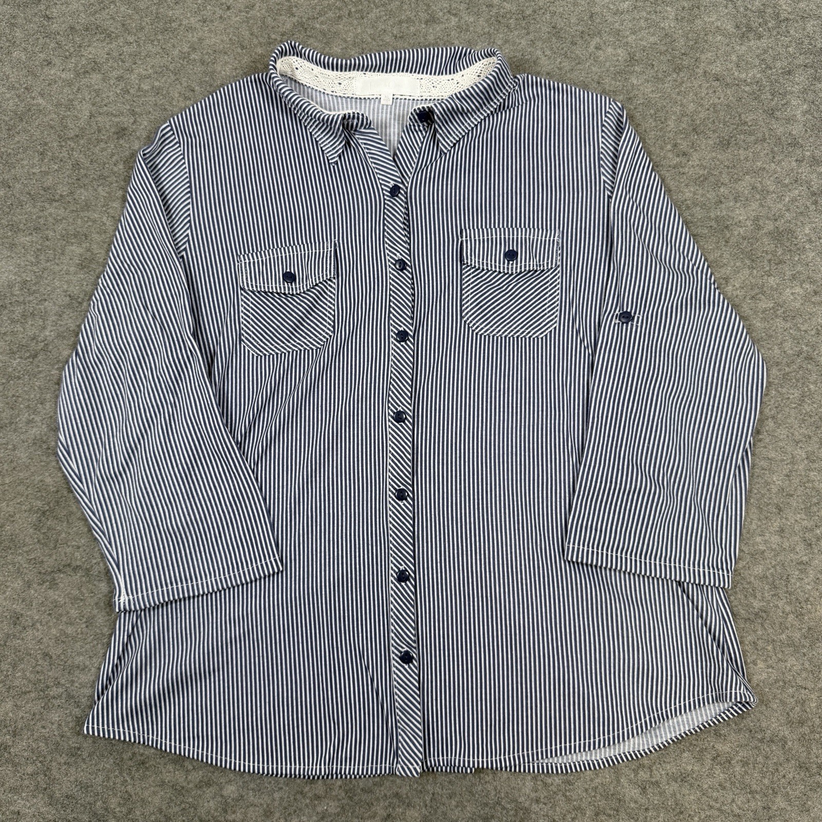 Eden & Olivia 3/4 Sleeves Button-Up Shirt Fit Women’s Size XL Blue White Stripes