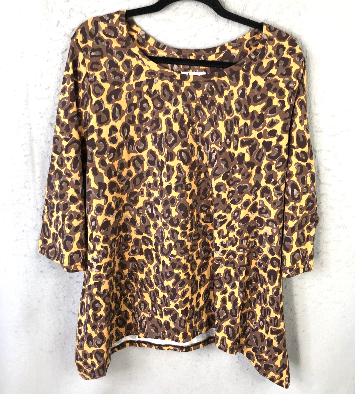Denim & Co Shirt Womens XL Brown Leopard Animal Print Stretch 3/4 Sleeve Tunic