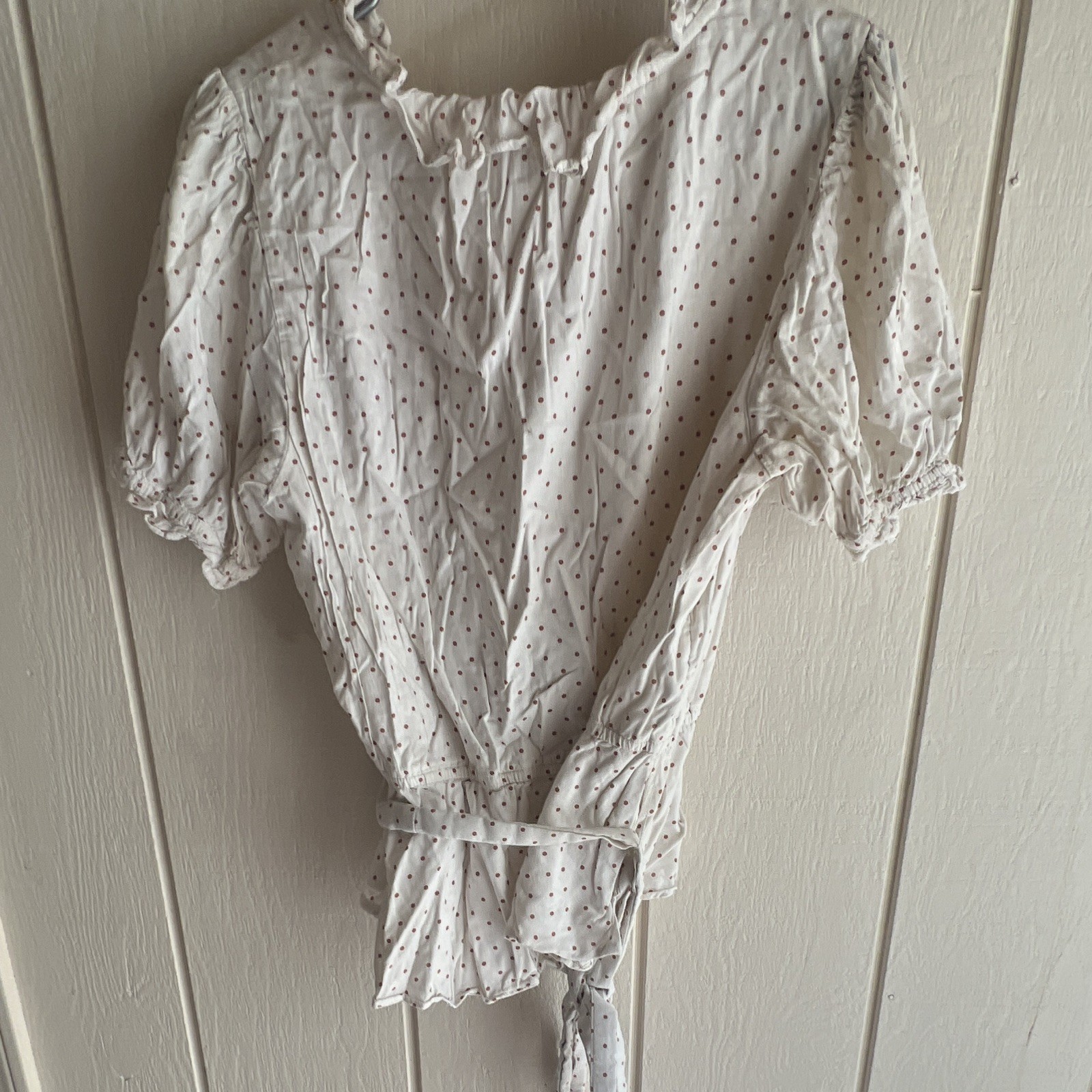 LC Lauren Conrad Women’s XL White Brown Polka Dot Wrap V Neck Ruffle Tie Blouse