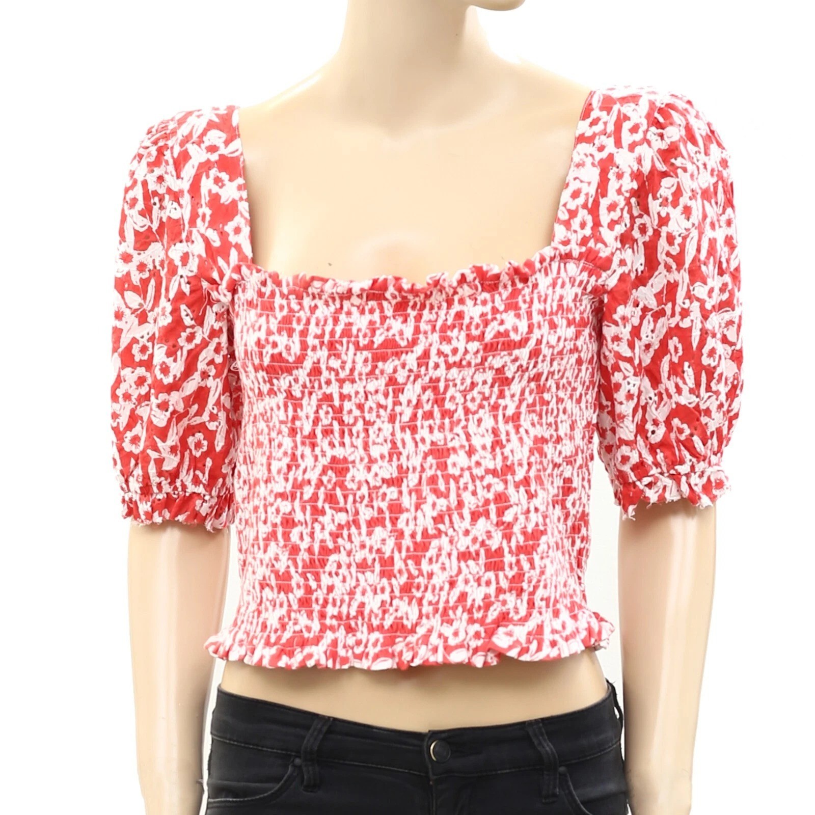 Anthropologie Smocked Eyelet Cropped Blouse Top Floral Embroidered XXS