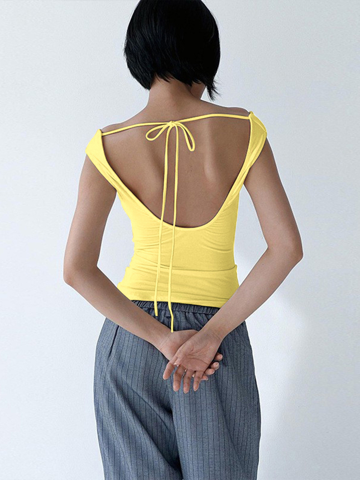 Women Sleeveless Soild Sexy Off Shoulder Slim Tee Summer Backless BowTie T-shirt