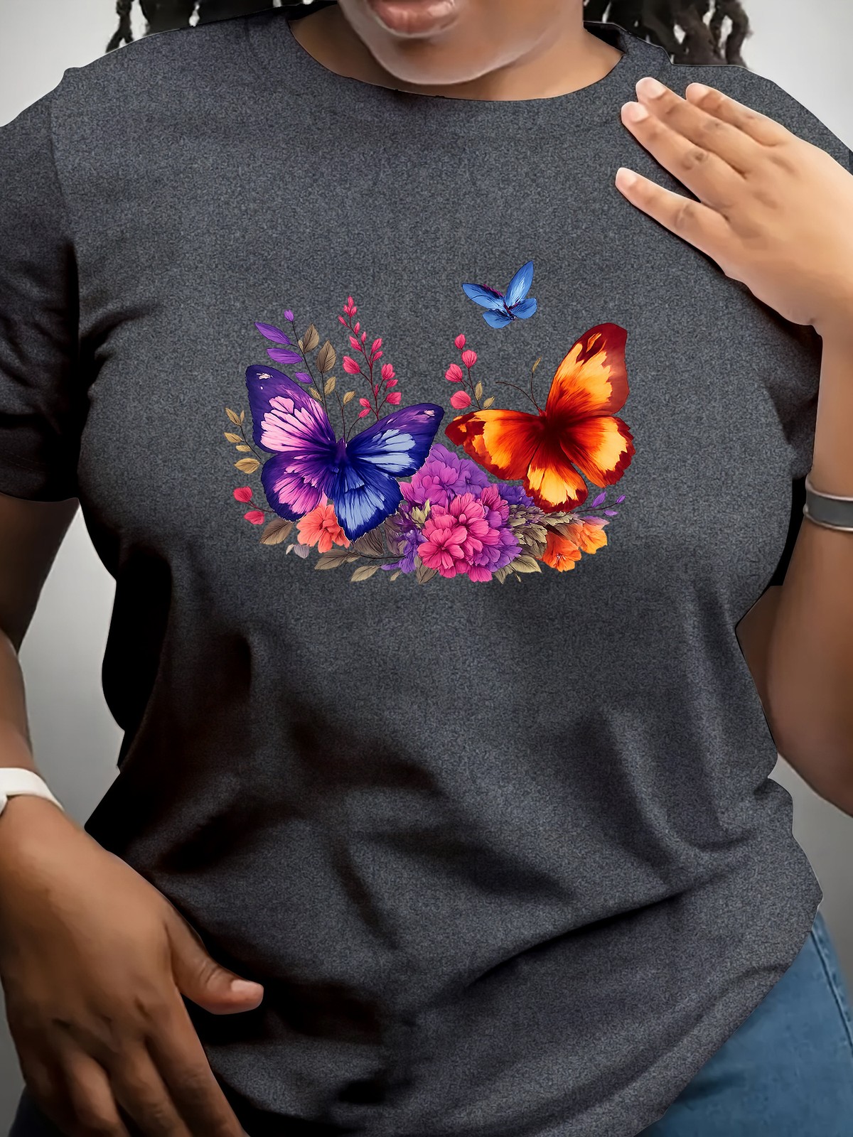 Womens Colorful Butterfly Flower Print Short Sleeve T-Shirt Casual Round Neck♪