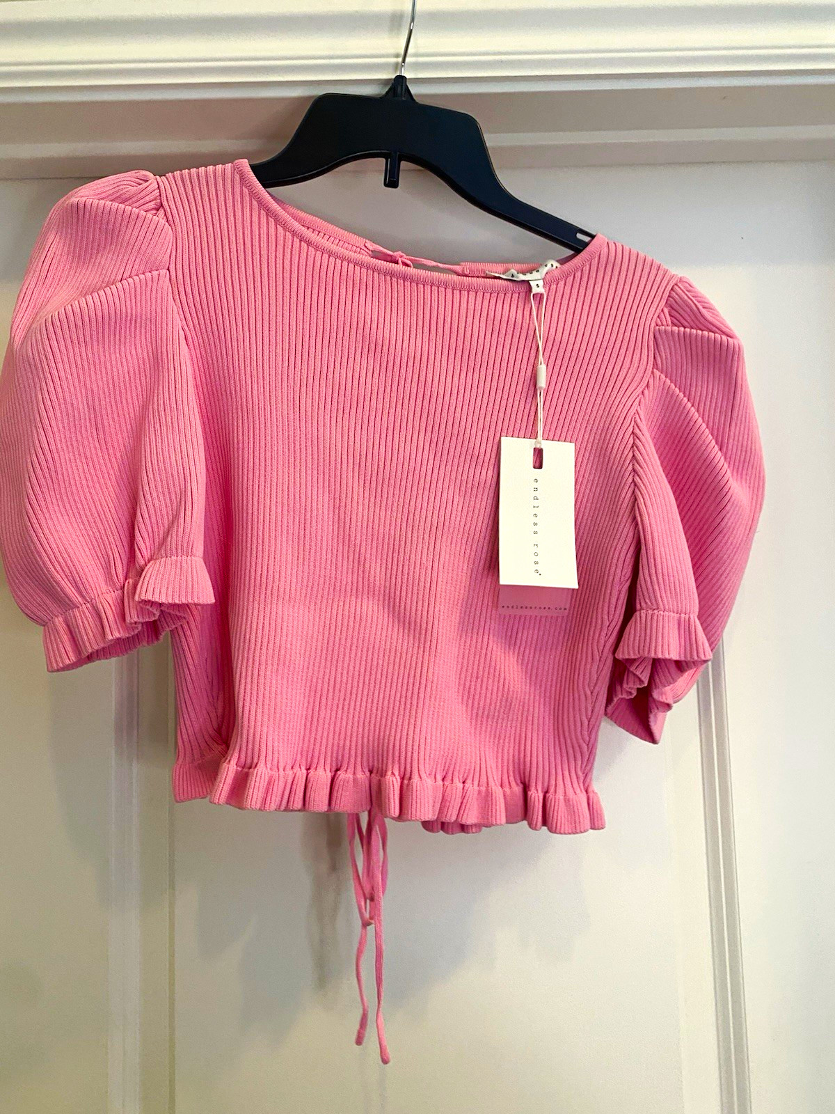 Endless Rose Women’s Small Pink Ribbed Knit Crop Top Puff Sleeve Back Tie S