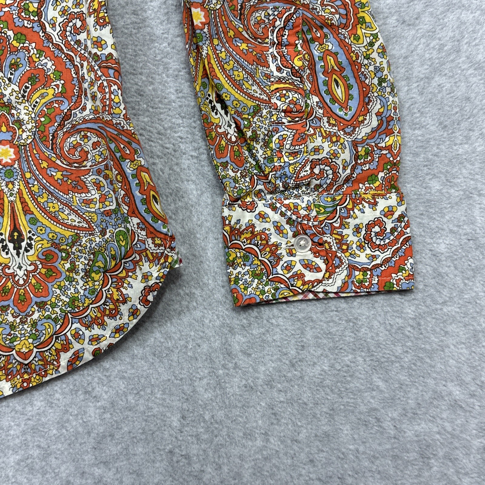 Talbots Top 10P Orange Paisley Roll Tab Flip Cuff Versatile Layer Everyday Wear