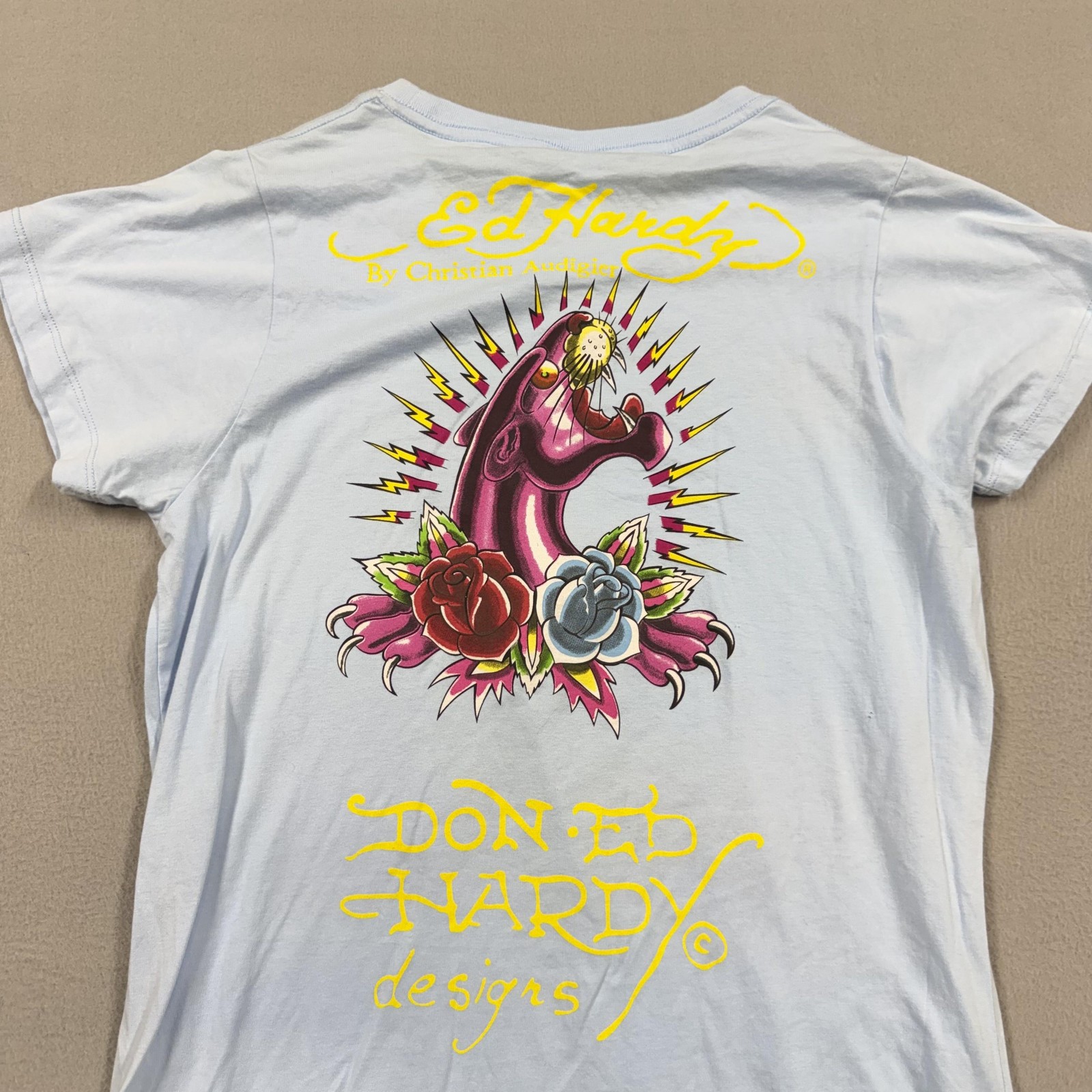 Ed Hardy Shirt Womens XXL Blue Rhinestone Tattoo Graphic Double Sided Tee Y2k