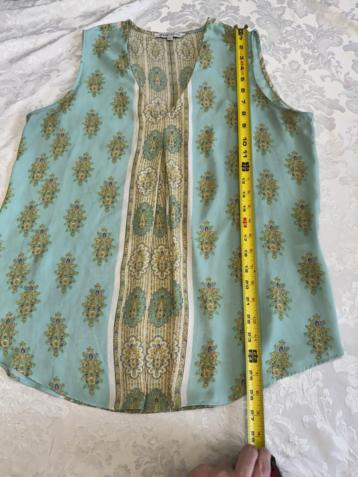 Rose + Olive Size Large Sheer Sleeveless Blouse Mint Green Yellow Boho Flowy