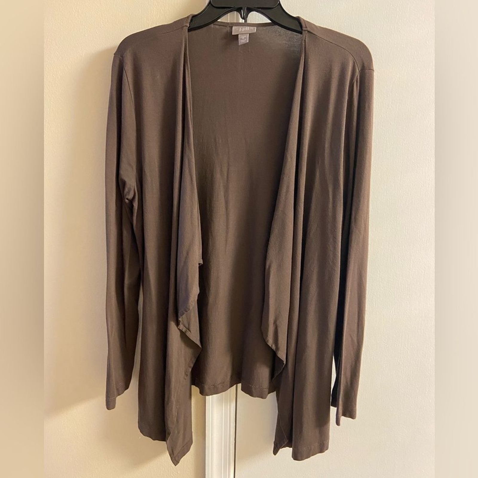 J Jill cardigan brown stretch open front waterfall draped Medium