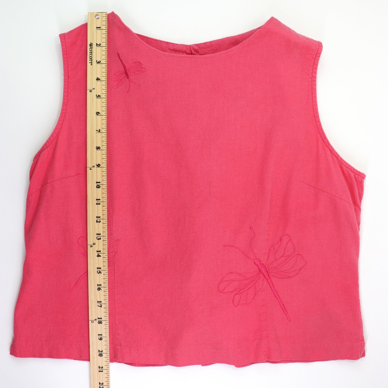 Basic Editions Pink Sleeveless Back Button Top Size 18 Embroidered Dragonfly