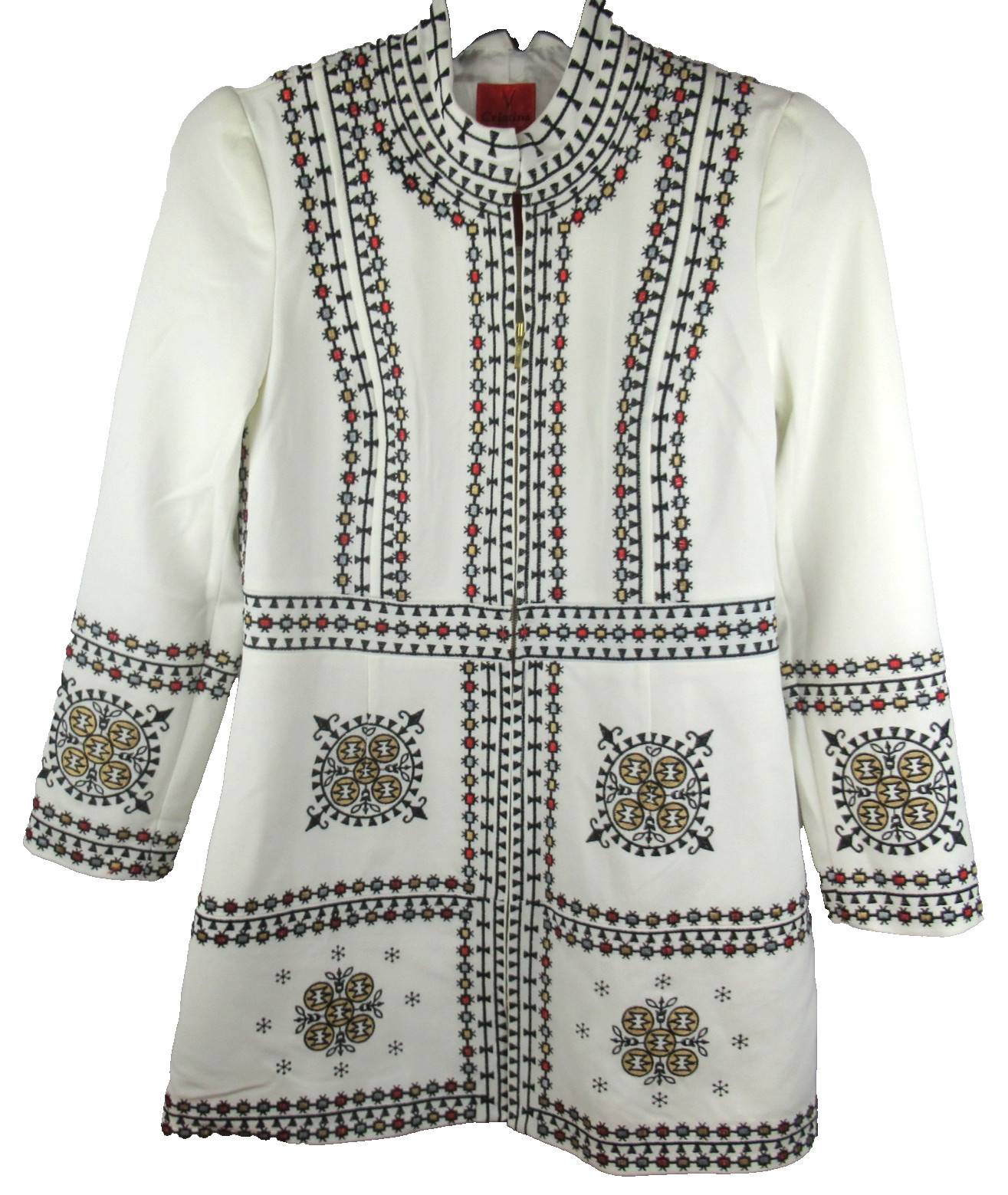 V Cristina Embroidered Zip Tunic Top Womens M White Geometric Long Sleeve NWT