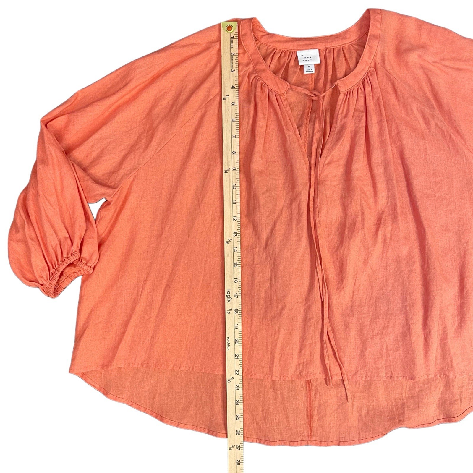 A New Day Hi Lo Orange Solid Tie Round Neck Woven Linen/Rayon Blouse Women M