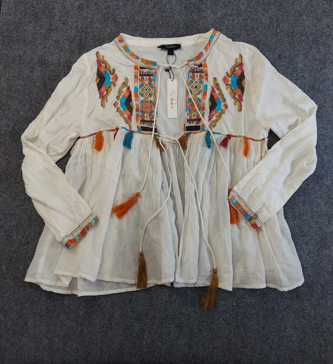 Anthropologie RD Koko Top Small Colorful Boho Tie Beaded Aztec Flowy Fringe