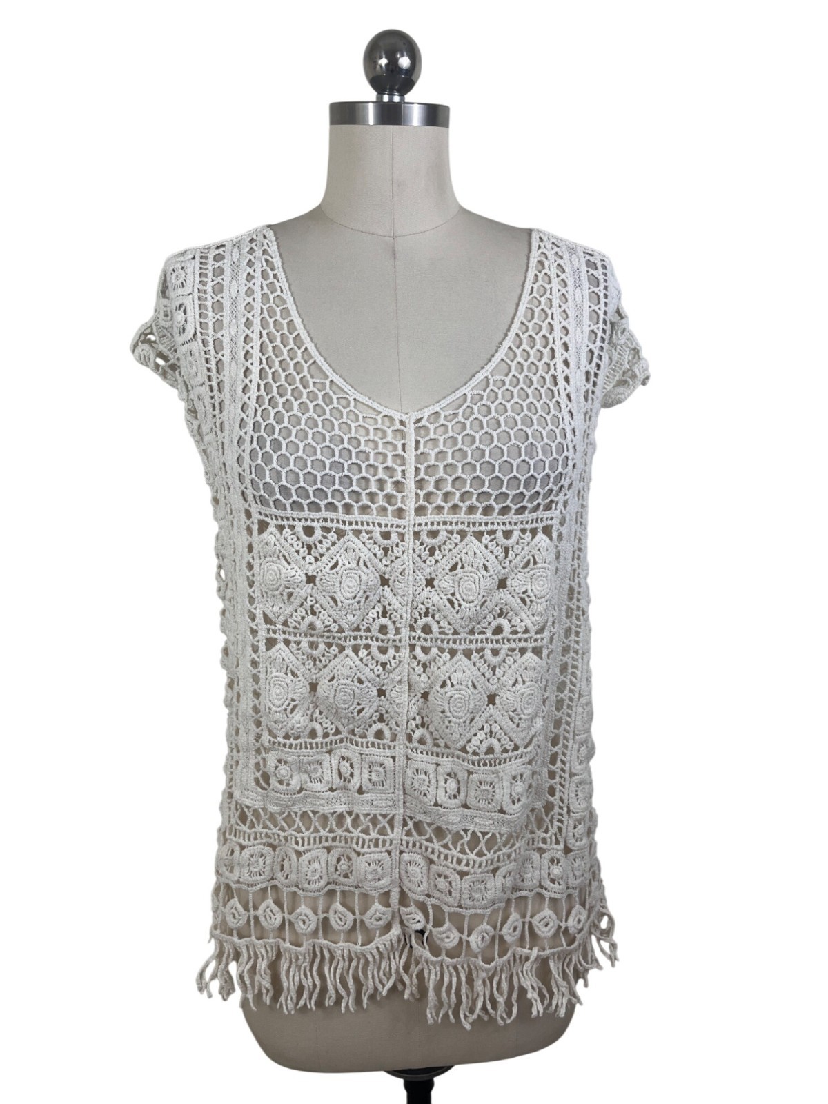 Isela Crochet Top Womens Large Ivory Short Sleeve Boho Festival Beach Hippie