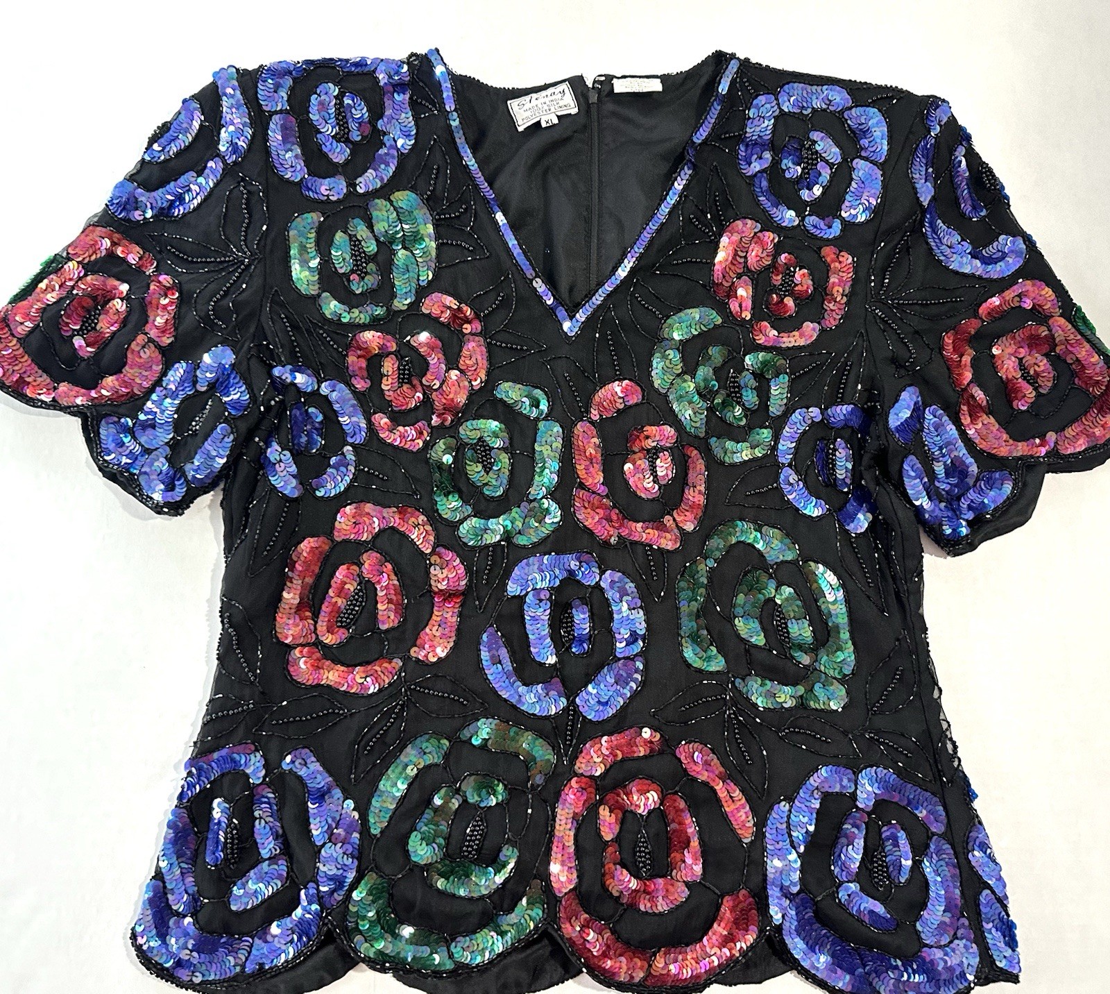 Vintage Stenay Sequins & Beaded Flower Shirt 100% Silk XL
