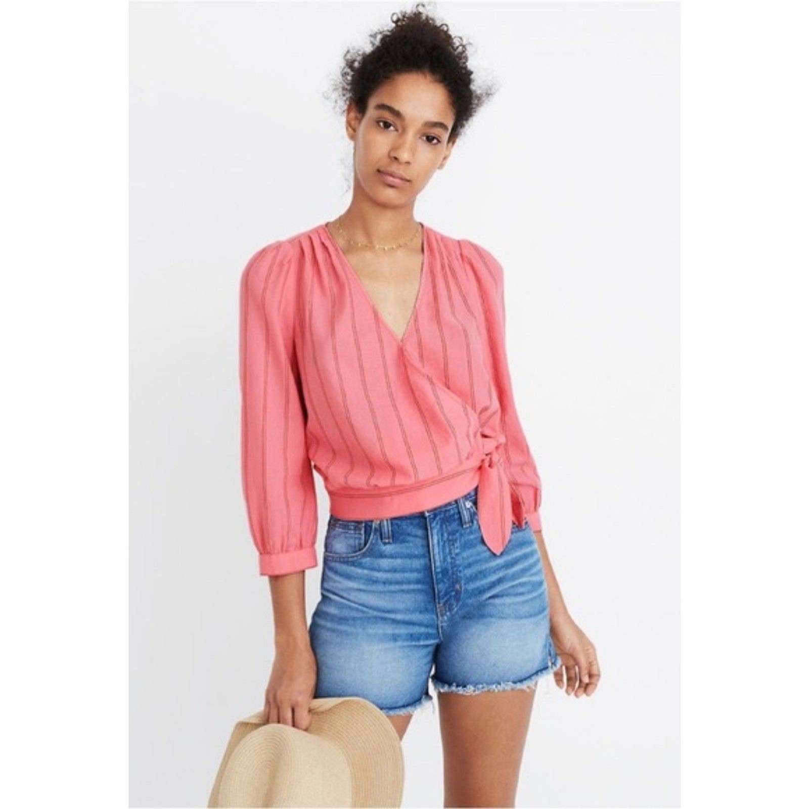 Madewell Pink Striped Wrap Top Puff Sleeve Tie Front Size Medium