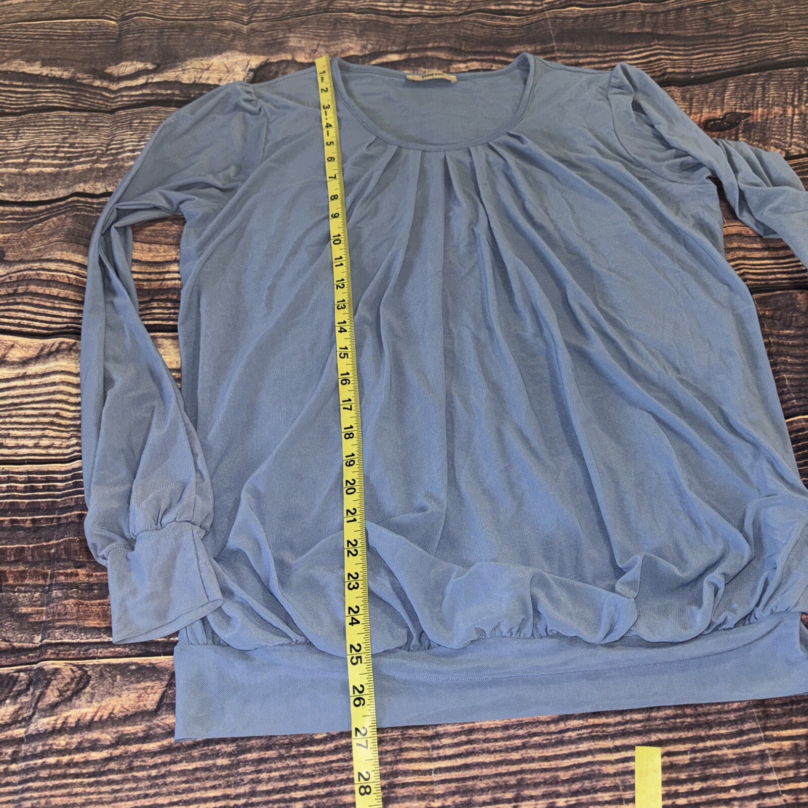 Timeson Blouse Blue Sheer Long Sleeve Large Pleated Banded Bottom Business