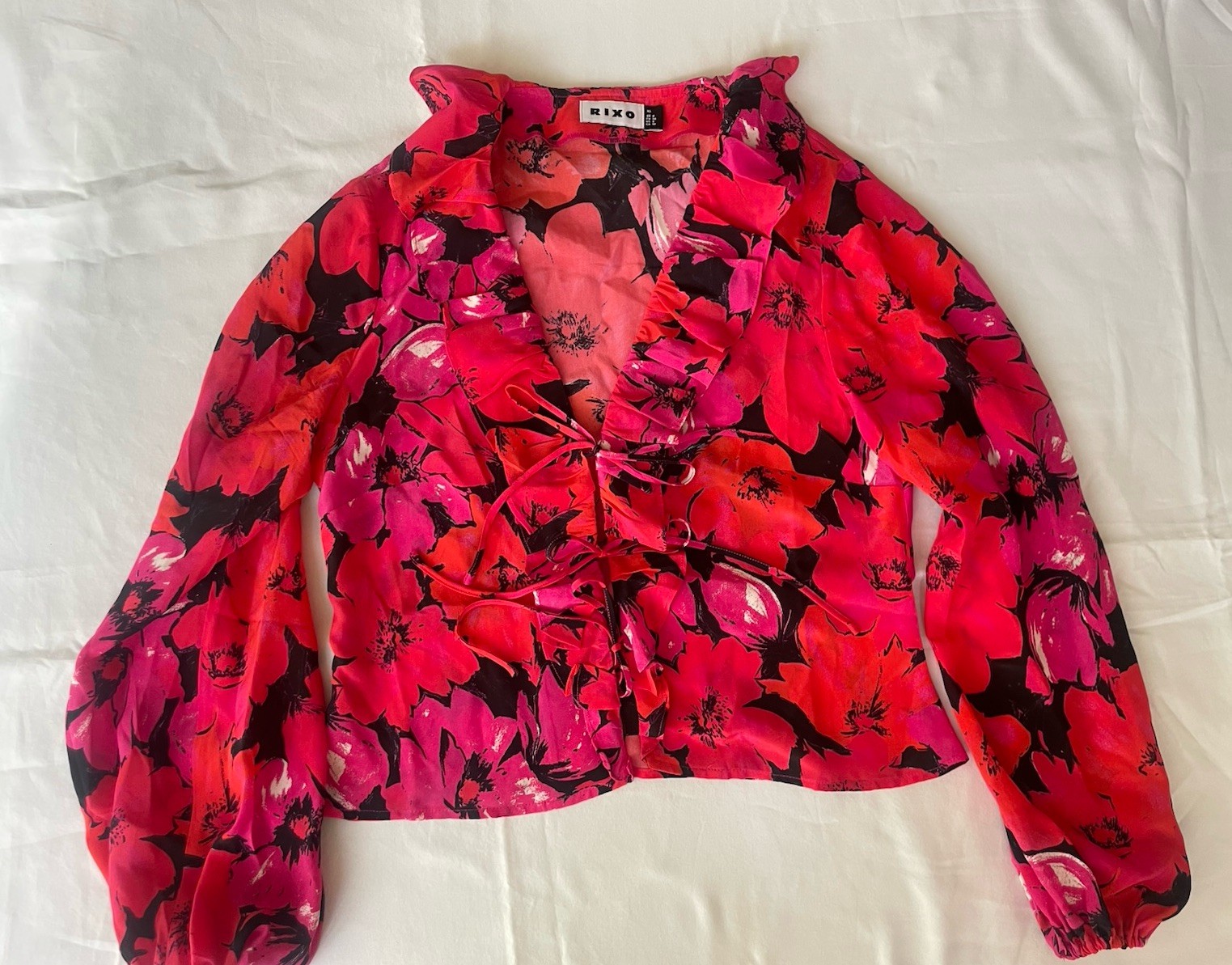 Rixo Silk Long Sleeve Floral Ruffle Top Tie Front XS