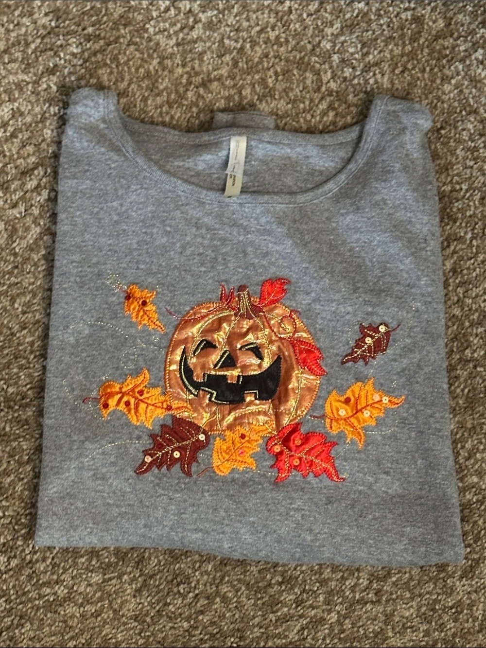 White Stag Gray Long Sleeve Top with Orange Pumpkin & Red, Gold Leaves