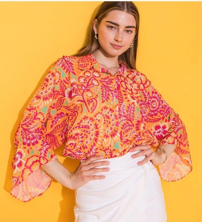 Flying Tomato I’ll always Remember You Woven Oversized Top Pink/Orange Floral LG