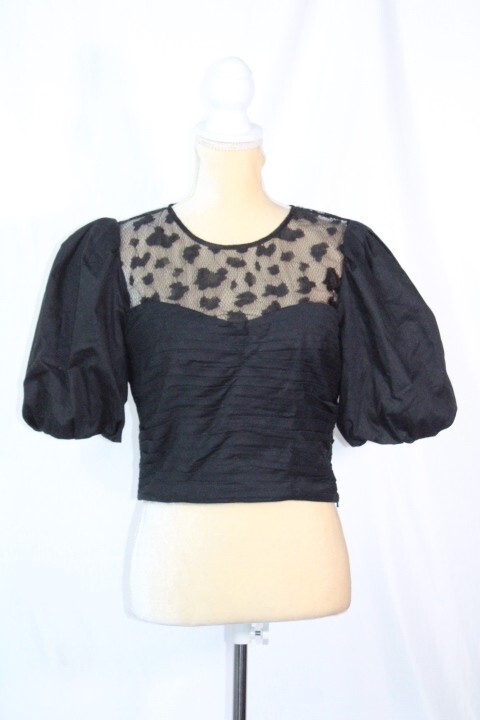 Amur Black Ballon Sleeve Lace Detail Top Size 8
