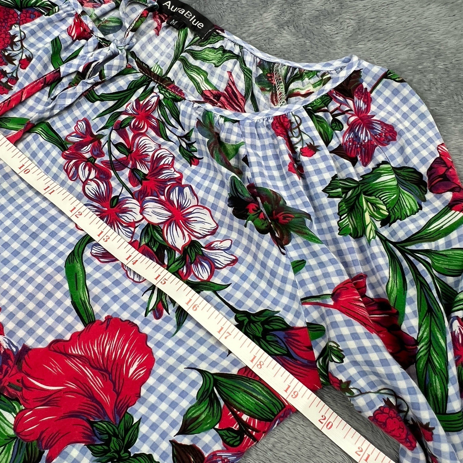 Aura Blue Women Med Peasant Gingham Blue Red Floral Boho Blouse Ruffle *See Pics
