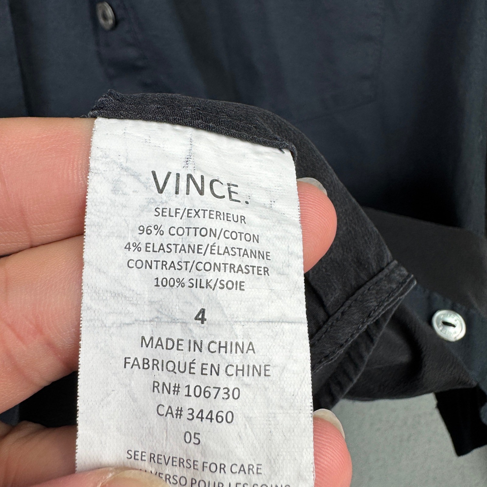 Vince Mixed Media Cotton Silk Button Down Shirt Black Navy Size 4 Long Sleeve