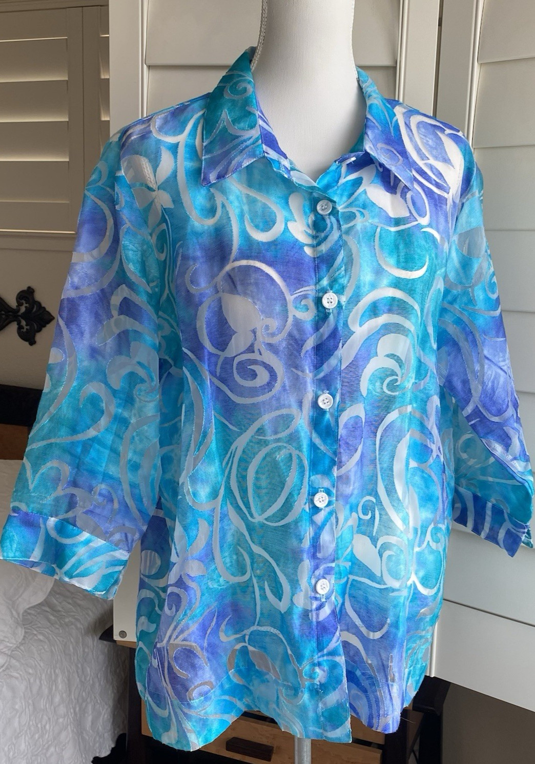 ALL HOURS Women XL Turquoise Blue Sheer Button Front Blouse USA Made Vtg Artsy