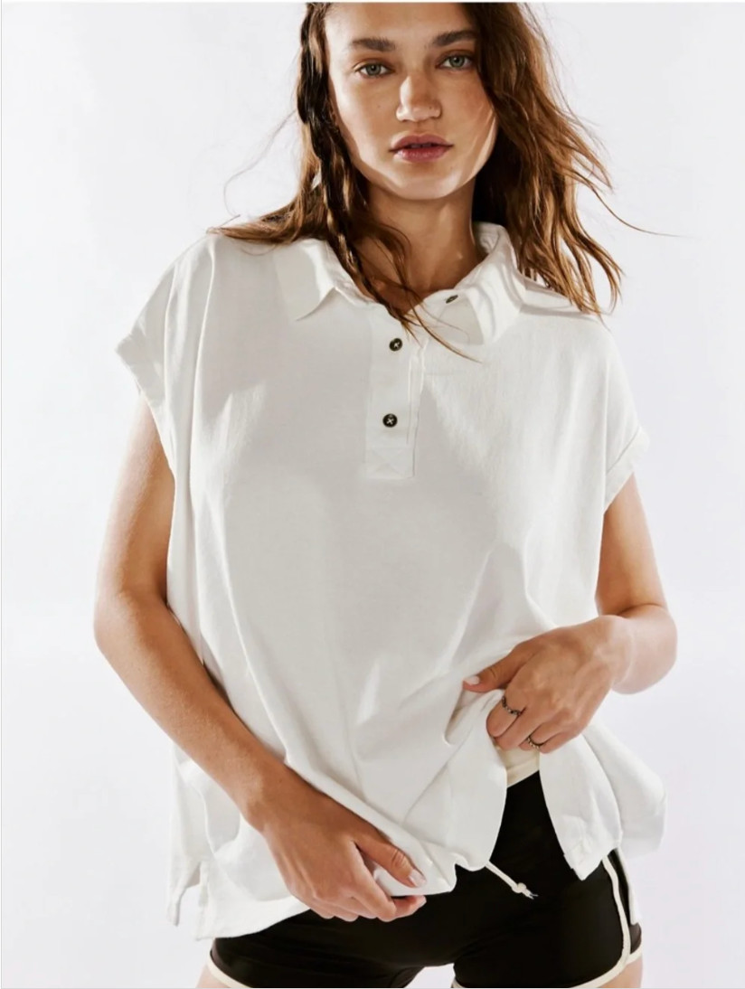 Free People We The Free Keep On Ivory Cotton Oversized Fit Polo Size M