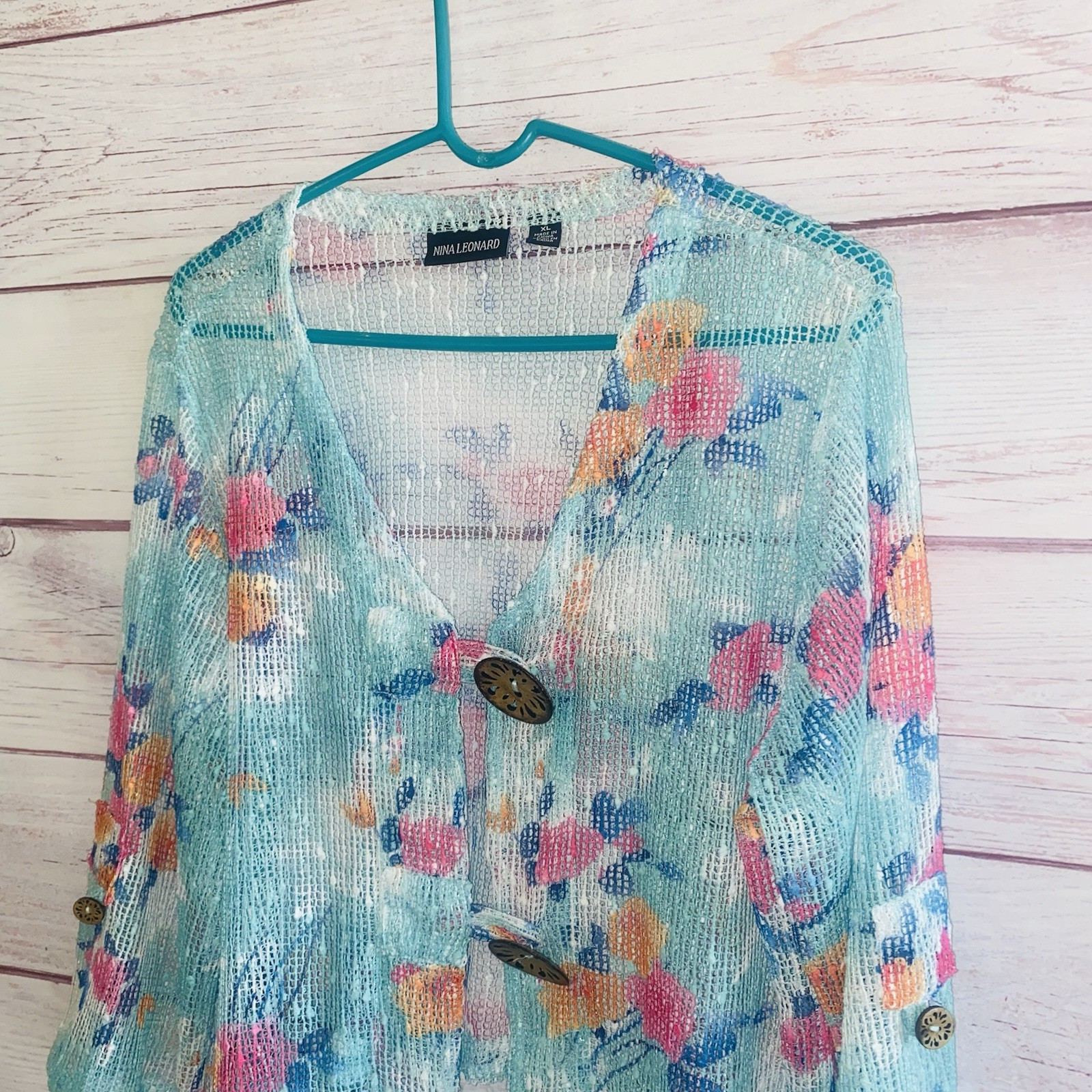 2 Nina Leonard XL Floral Open Knit Cardigans Sheer Bell Sleeve Cover Ups B47