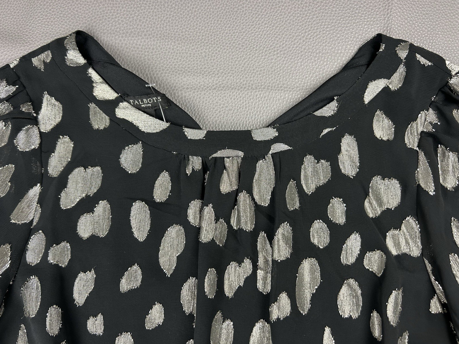 NEW Talbots Petite Medium Black Silver Polka Dot Long Sleeve Dressy Top Chiffon