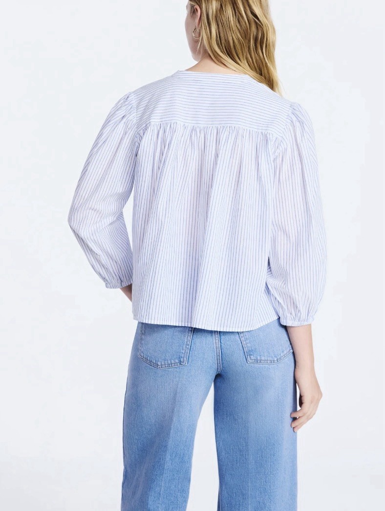 NWT Free Assembly Shirred Cotton Blouse Puff Sleeves Blue & White Strip XS